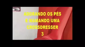 Crossdressing couple worships and gives blowjob to his feet