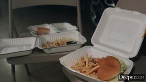 Gorgeous petite redhead gives a deep throat blowjob and teaches rude