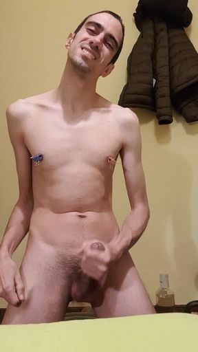 Eat your cum, slave! With binder clips