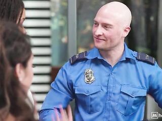 Kira Noir and 3 Curvy Travelers Disrobe Down for a Hairless Officer Who Whips His Penis Out