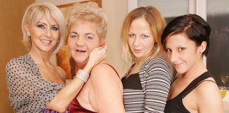 One Grandma, two Milfs and one young girl eat each other's pussies in this hot party