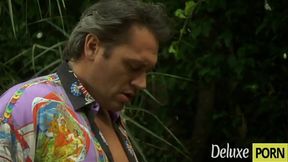 Horny man finds blonde milf playing with her wet pussy in the garden