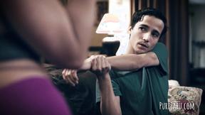 ”Voluptuous blonde mommy plays with two dicks”