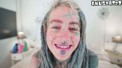 TEEN in dreadlocks gets pierced all over while jerking off with a big dildo
