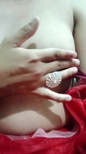 Indian Gay Crossdresser Bottom Gaurisissy Pressing Her Big Boobs and Feeling Horny in Red Saree with Heavy Jwellery