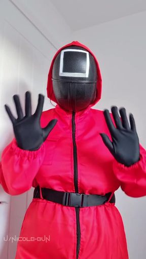 Red raincoat and black gloves