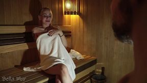 She wanted to relax in sauna but got a fat cock to work at