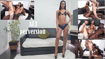 Kauany Batista, beautiful Brazilian exotic trans woman, takes two cocks in her tight ass (DAP, Anal, Black Cock, breast Milking trans, ATM) ALT044