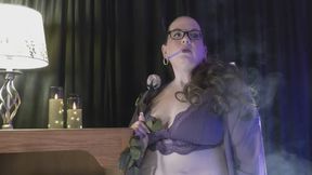 Standing in my purple knit lingerie and robe holding my Valentines rose smoking a VS 120