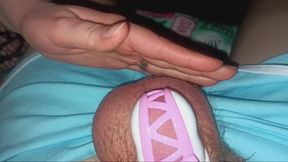Playing with Hubby in His Pretty Pink Ribbon Chastity.