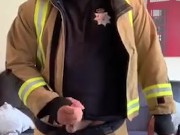 Firefighter flashes big uncut cock