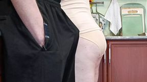 cum in stepmom&#039;s mouth after jerking off a dick in the kitchen