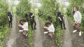lady ana pisses in front of rebel rhyder in the woodspeeing
