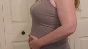 First Time Belly Inflation Tease: Amateur Cam Girl Swells & Deflates for You - natural round soft belly buldge and deflate for very first time ever over 30 natural body in tank top and panties.