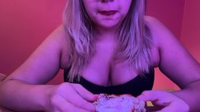 eat messy and smoke with me! - "Eating Juicy Chicken" red lipstick wearing Latina BRATTY BAE wears bra while eating messily, shows off belly, gulps water and smokes after dinner! eats until lipstick is gone! belly rolls galore.