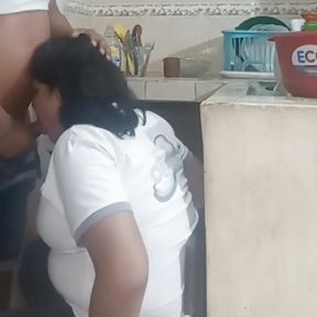 Maid fucking and sucking when she washes dirty dishes