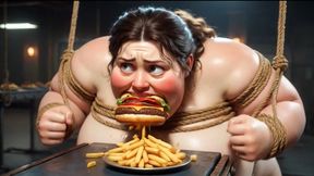 Tied Up SSBBW Eats Massive Meal While Kneeling - Belly Stuffing