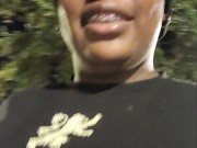 Ebony MILF rips leggings and plays with pussy in public parking lot