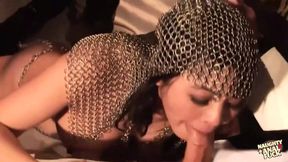 Stage show starts with big natural tits and huge ass-fuck toys