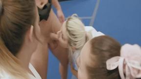 ”Lucky stud gets his prick sucked & slobbed by these lustful babes”