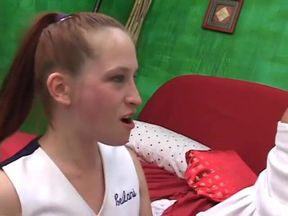 Hot cheerleader babes fuck with a dildo after practice