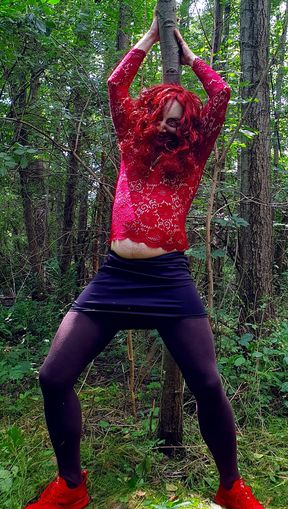 Diabolical demon bitch masturbates in public in the forest