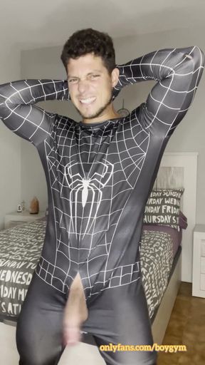 Big Cumshot with My Big Cock and No Hands! Spiderman Outfit