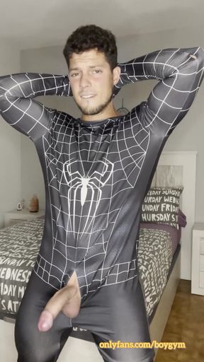 Big Cumshot with My Big Cock and No Hands! Spiderman Outfit