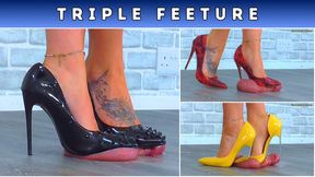 Triple Feeture - Destroying Your Balls Under My Patent Spikey Stilettos, Red Snakeskin Stilettos & Yellow Casadei Heels - Balls Cam (D28, D29 & D30)