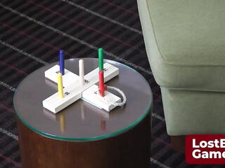 A lesbo pair's intensive disrobe game of 5-Point Quoits in the living room