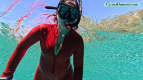 Carissa exploring the spring in the tight red catsuit