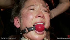 Bound sub banged with strapon in public