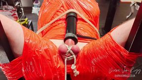 Merciless Cock Milking (tight Shiny Red Plastic Mummificaton and Remote Anal Stimulation)