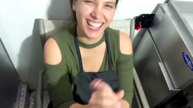 Amateur brunette gives intense oral in office, kitchen and on public transit