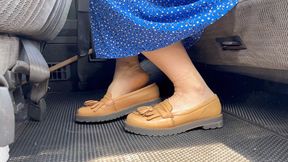 shoe play with sweaty feet while waiting in the car in vintage beige loafers