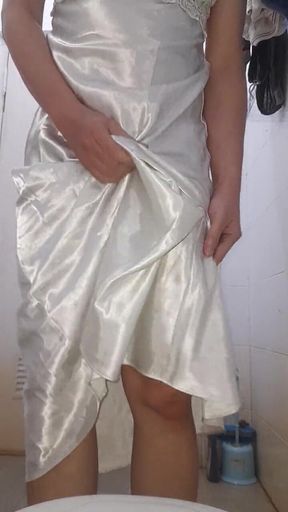 Asian Crossdresser wearing long silky nightie gown