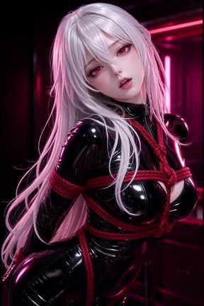 Anime bondage, white hair, black latex red ropes