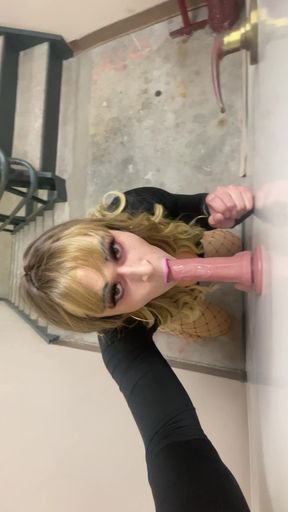Sissy Crossdresser Slut Rylie DeWhore Sucking Big Dildo in Public Stairwell almost Caught Amateur Femboy Trap Blowjob