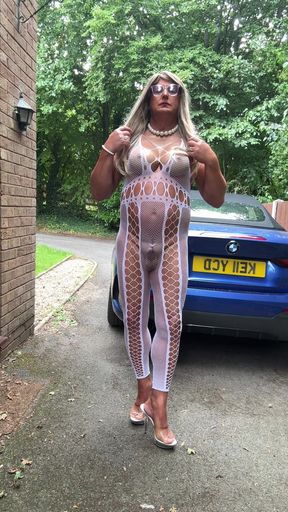 Sexy Crossdresser Kellycd2022 in White Fishnet Catsuit and Heels