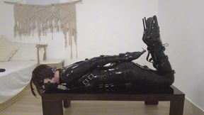 Puppy in leather bondage, inflatable gag, hogtie, struggling, orgasm