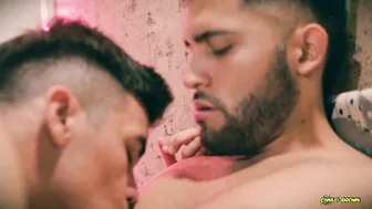 Deepthroat and ass eating with big uncut cock cumshot