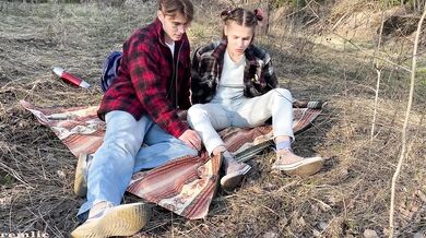Cute girl gets creampie fucked hard in the woods