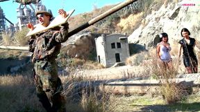 Horny girls ride a massive cock in turns out in the rocks