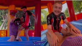 Boy on Boy Bounce House Ballbusting! Gay CBT, POV Ball Stomping w Haskell Holland