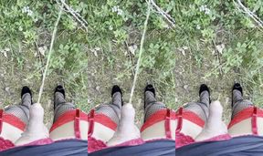 SheMale in sexy heels pissing in public park skirt raised raw