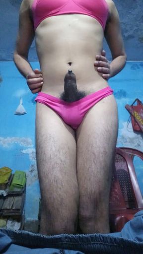Horny Indian Teen Boy with Phimosis Dick While Wearing His StepSister's Pink Bra and Thong Panties