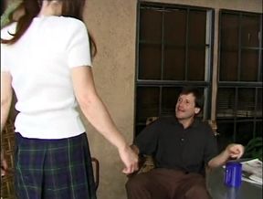 Teen has hot sex on a chair outside