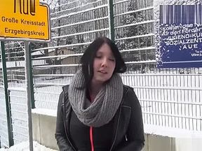 Getting her pretty face covered in jizz on a snowy day