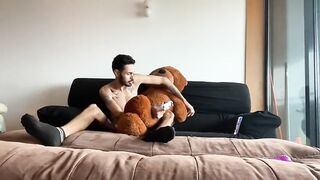 Bony, meaty-cocked lad milking off with his bear teddy while toying flick games.