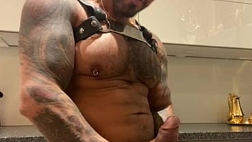 Latino gay pornstar in harness and leather panties in the kitchen fingering my cock - VIKTOR ROM -